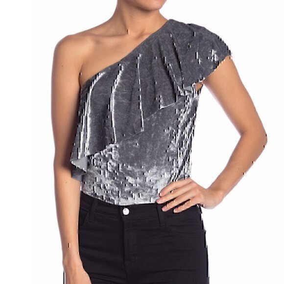 NWOT TART Ruffled One Off Shoulder Velvet Top Grey Velour Ruffle Sleeveless SM - Picture 4 of 7